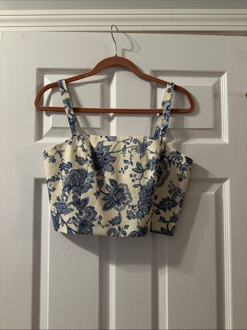 Sezane Ava style Cream Cropped Tank with Blue Floral Print